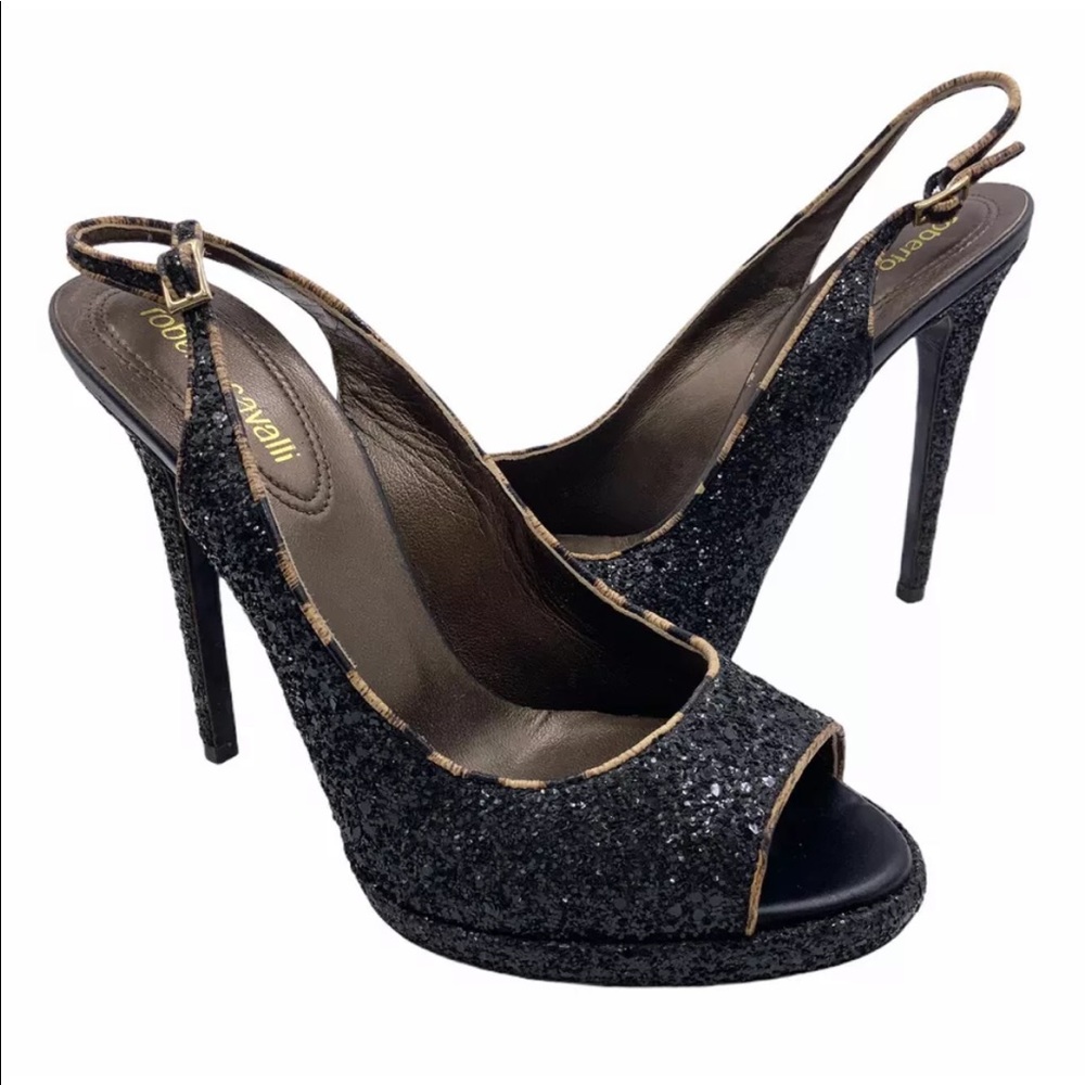 $665 ROBERTO CAVALLI Luxe GLITTER Slingback Heels Black Ladies EU 39 US 8 8.5 9